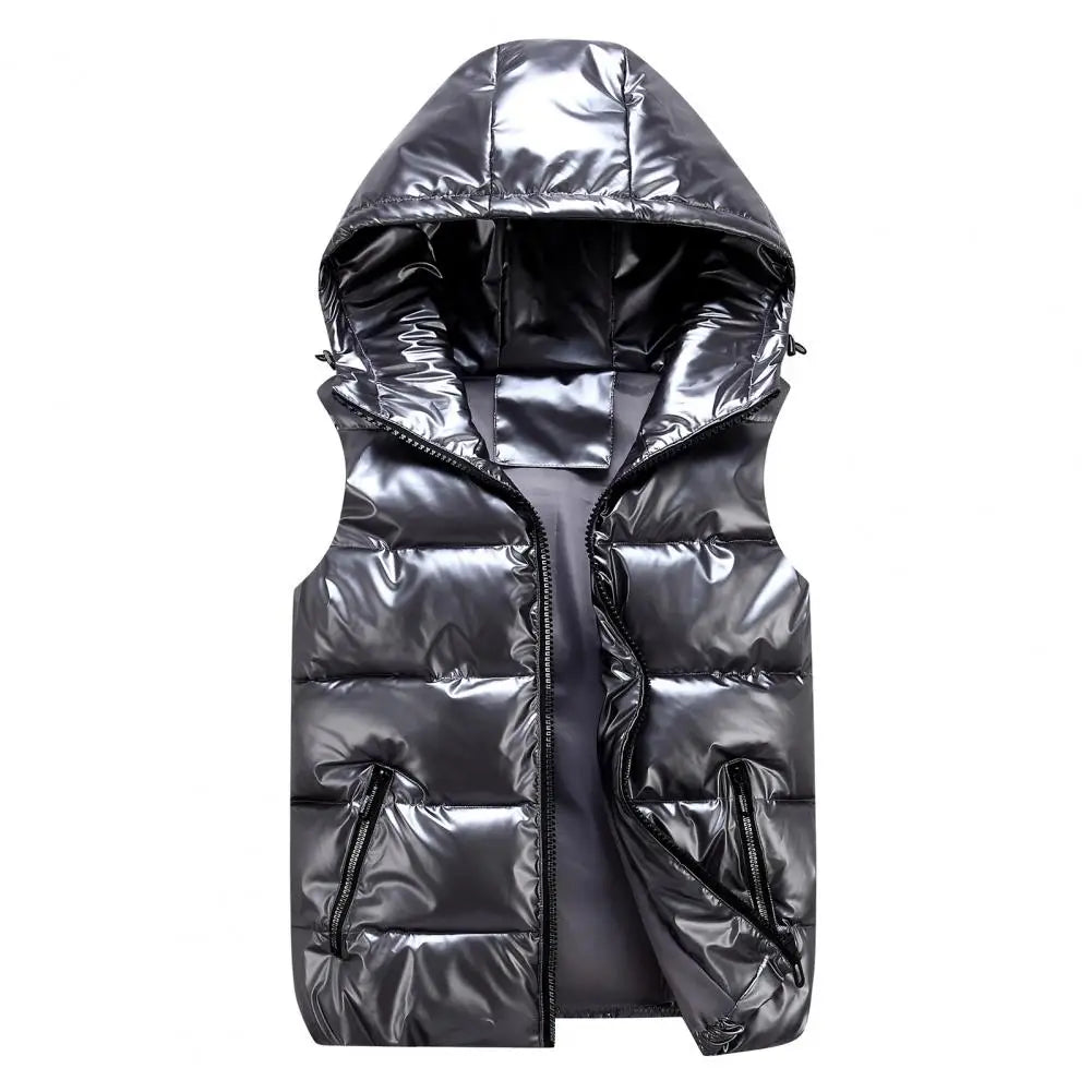 Men Winter Hooded Padded Vest Glossy Sleeveless Jacket Casual Outwear Thicken Warm Coat Waterproof Waistcoat Men Clothing