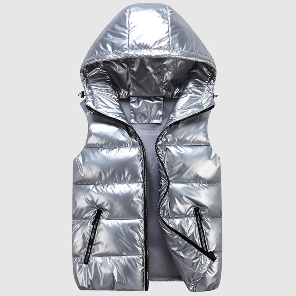 Men Winter Hooded Padded Vest Glossy Sleeveless Jacket Casual Outwear Thicken Warm Coat Waterproof Waistcoat Men Clothing