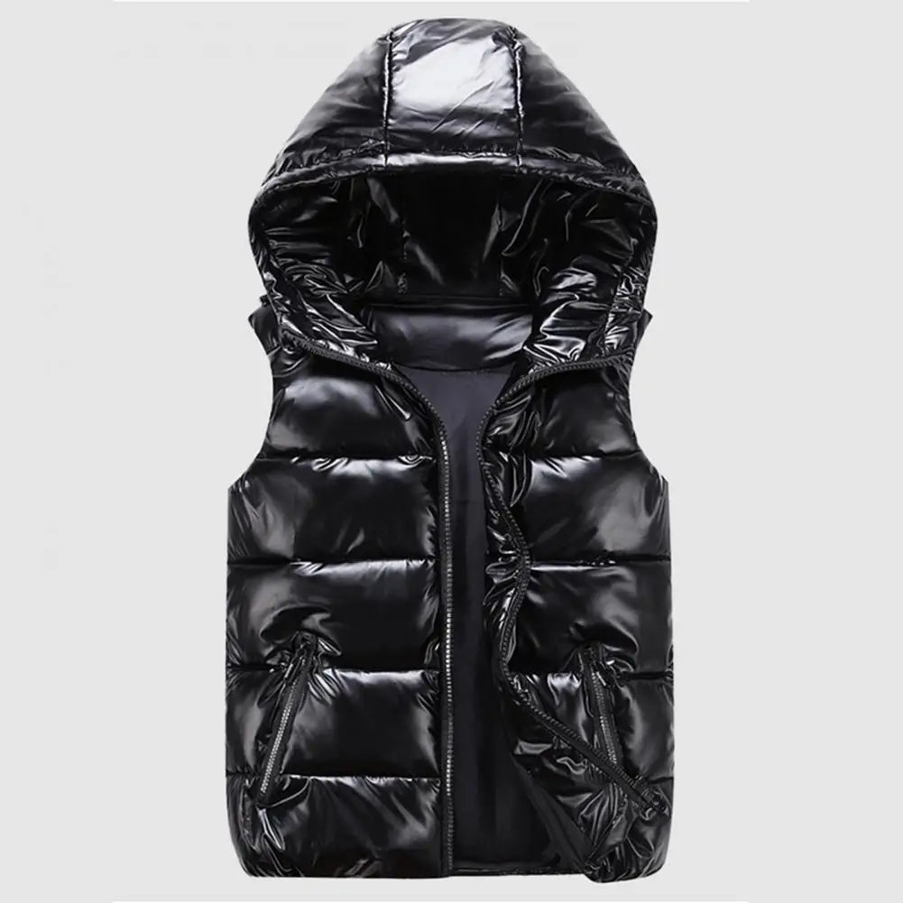 Men Winter Hooded Padded Vest Glossy Sleeveless Jacket Casual Outwear Thicken Warm Coat Waterproof Waistcoat Men Clothing
