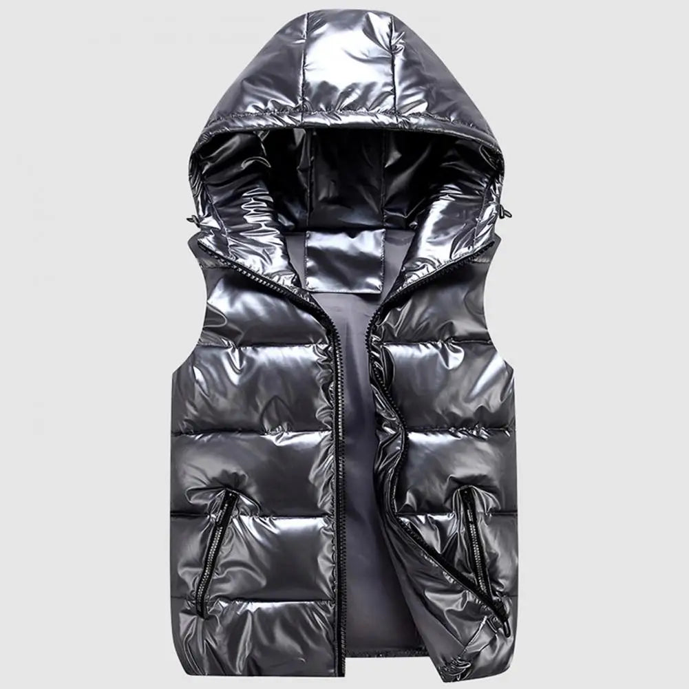 Men Winter Hooded Padded Vest Glossy Sleeveless Jacket Casual Outwear Thicken Warm Coat Waterproof Waistcoat Men Clothing