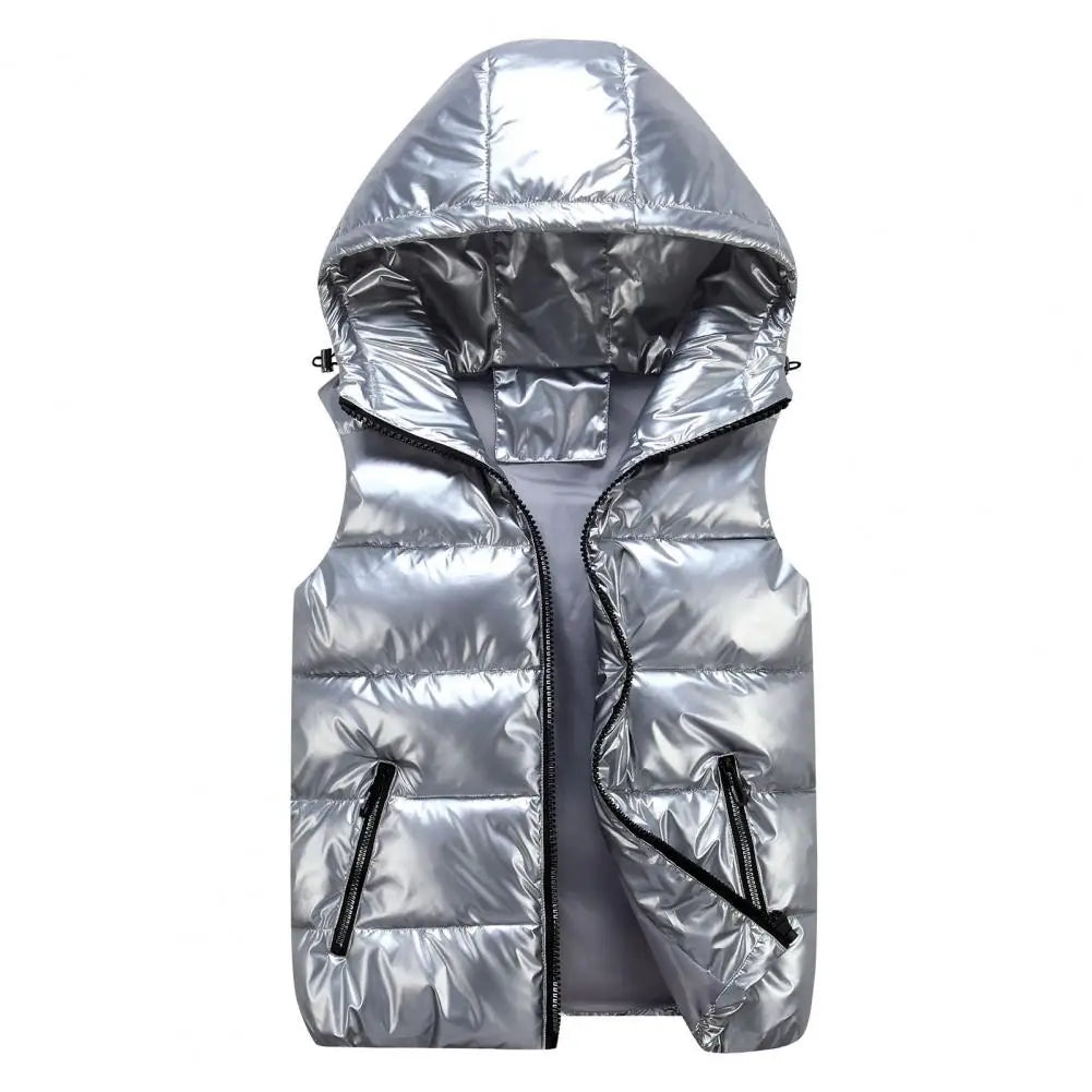 Men Winter Hooded Padded Vest Glossy Sleeveless Jacket Casual Outwear Thicken Warm Coat Waterproof Waistcoat Men Clothing