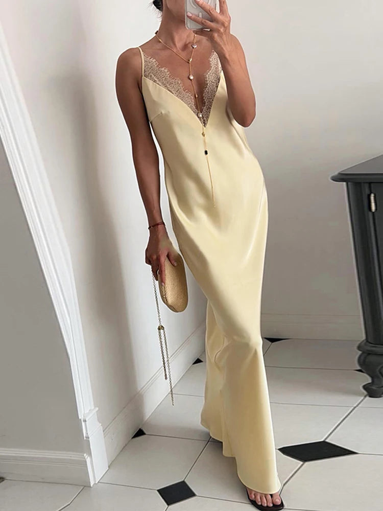 Elegant Lace Patchwork Women's Dress V-Neck Sleeveless Slip Female Long Dresses 2026 Summer Vacation Sexy Solid Chic Lady Robe