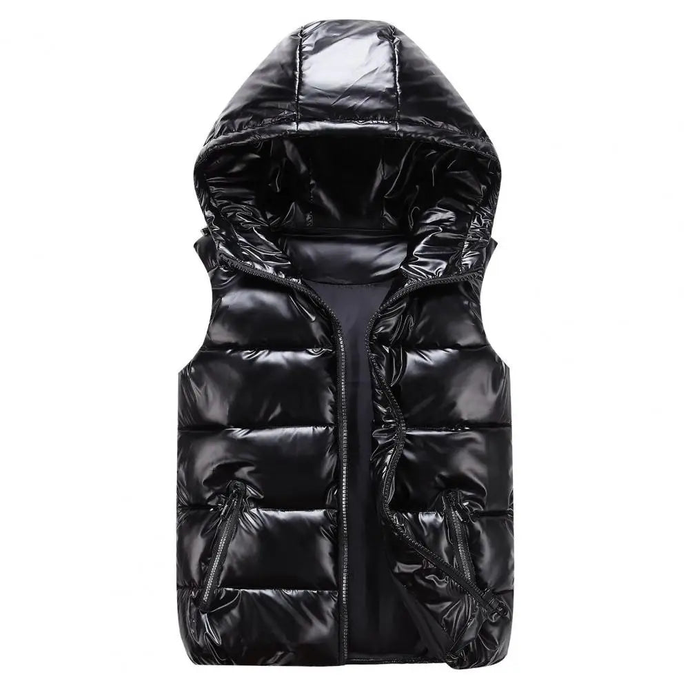 Men Winter Hooded Padded Vest Glossy Sleeveless Jacket Casual Outwear Thicken Warm Coat Waterproof Waistcoat Men Clothing