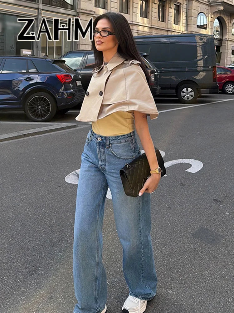 Casual Solid Women's Cope Turn-Down Collar Double Button Solid Lady Cloak 2026 Spring Summer Fashion Female Street Crop Tops New