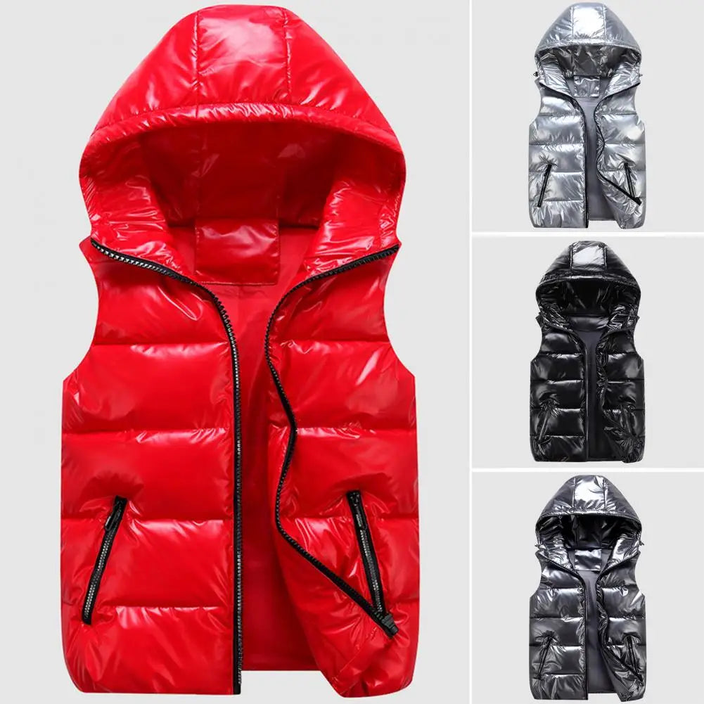 Men Winter Hooded Padded Vest Glossy Sleeveless Jacket Casual Outwear Thicken Warm Coat Waterproof Waistcoat Men Clothing