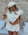Women Solid 2 Piece Set Sleeveless Fringe Trim Triangle Wrap Crop Top Elastic Waist Bubble Mini Shorts Vacation Beach Outfit
