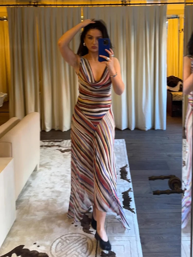 Women Rainbow Diagonal Stripe Maxi Dress One Shoulder Strap Slim Bodycon High Slit Knit Vestido Summer Beach Vacation Outfit